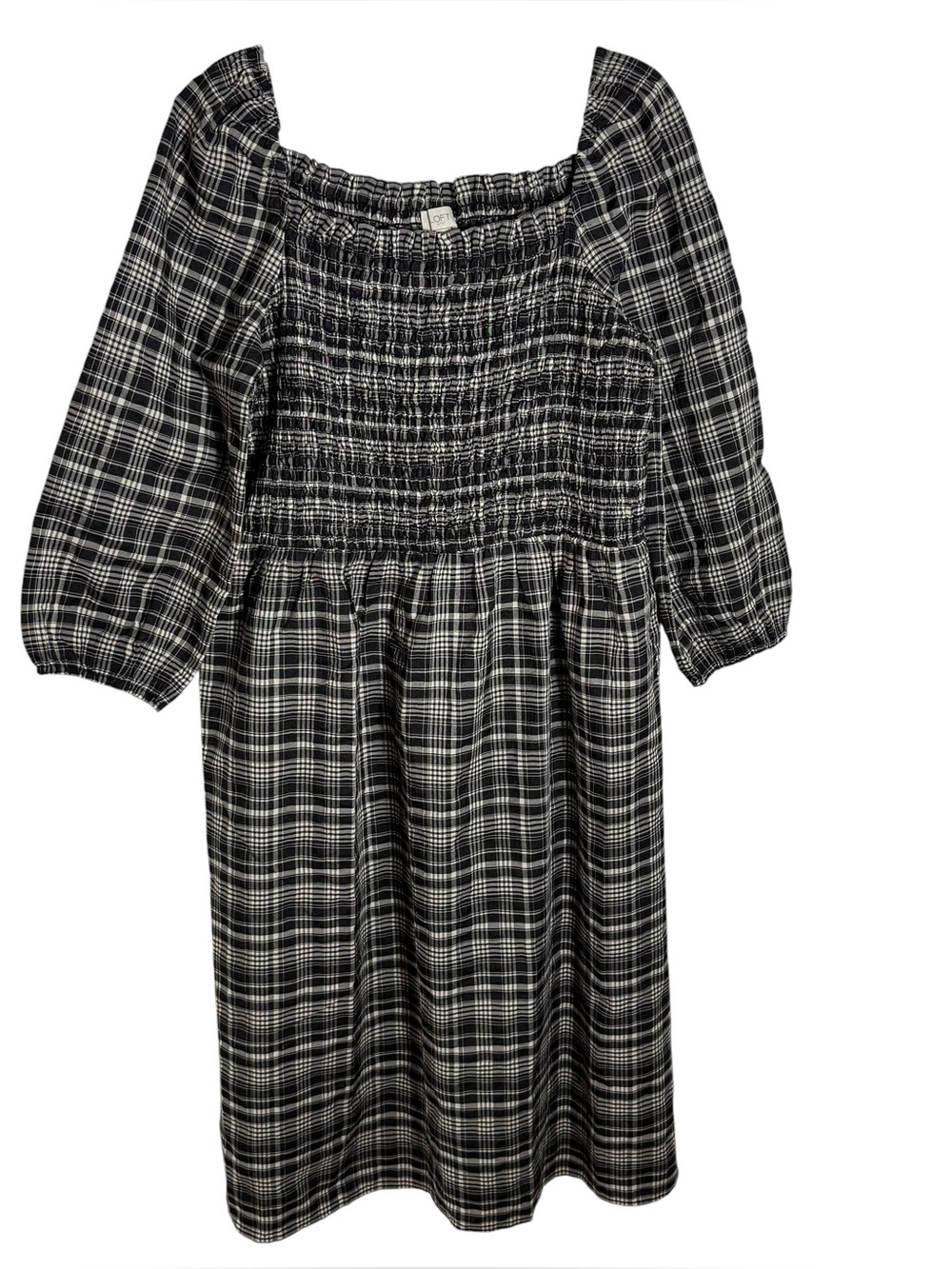 LOFT Plaid Midi Dress Puckered Smocked Square Neck Puff Sleeve Large